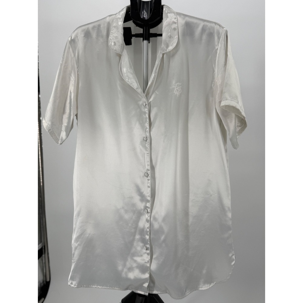 VTG Victorias Secret Gold Label Bridal Ivory Satin Button Up Pj's Top Logo FLAW